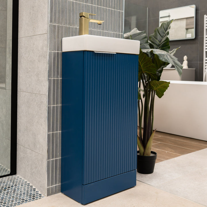 Hudson Reed Fluted 400mm Floor Standing Vanity Unit &amp; Basin - Satin Blue