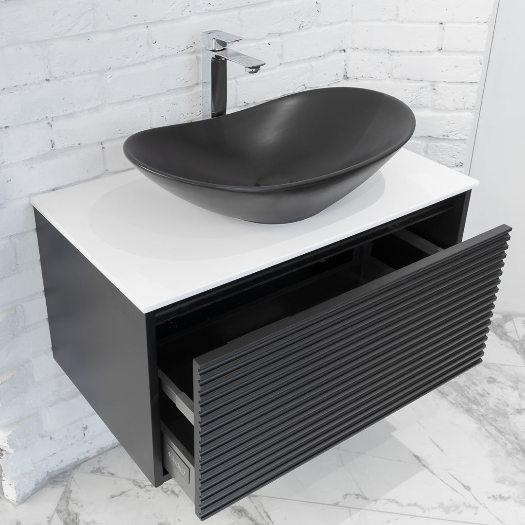 Josef Martin Roma 800mm Wall Hung 1 Reeded Drawer Vanity Unit with Glacier White Worktop - Ember