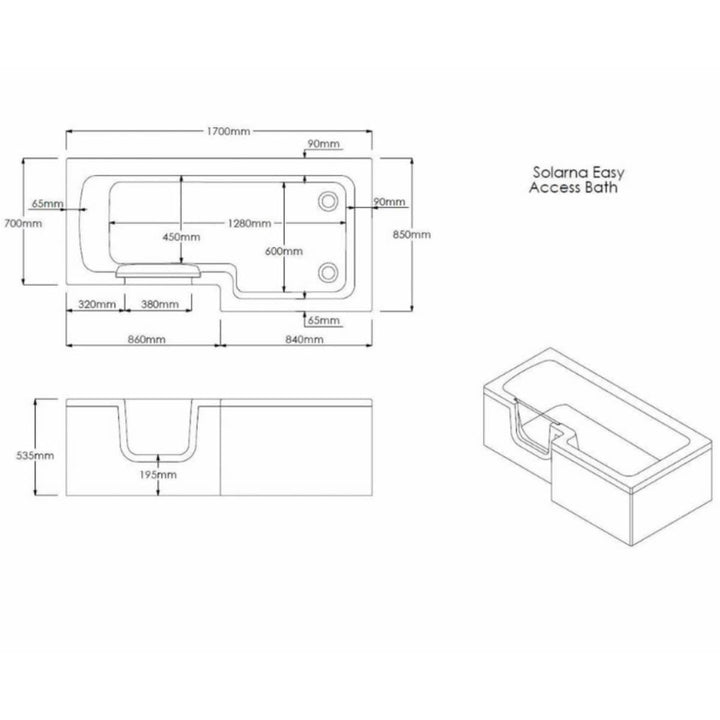 Bathe Easy Solarna Easy Access 1700mm L-Shape Bath, Screen &amp; Panels - Left Hand