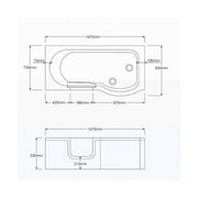 Bathe Easy Concert Easy Access 1675mm P-Shape Shower Bath, Screen & Panels - Right Hand - Technical drawing