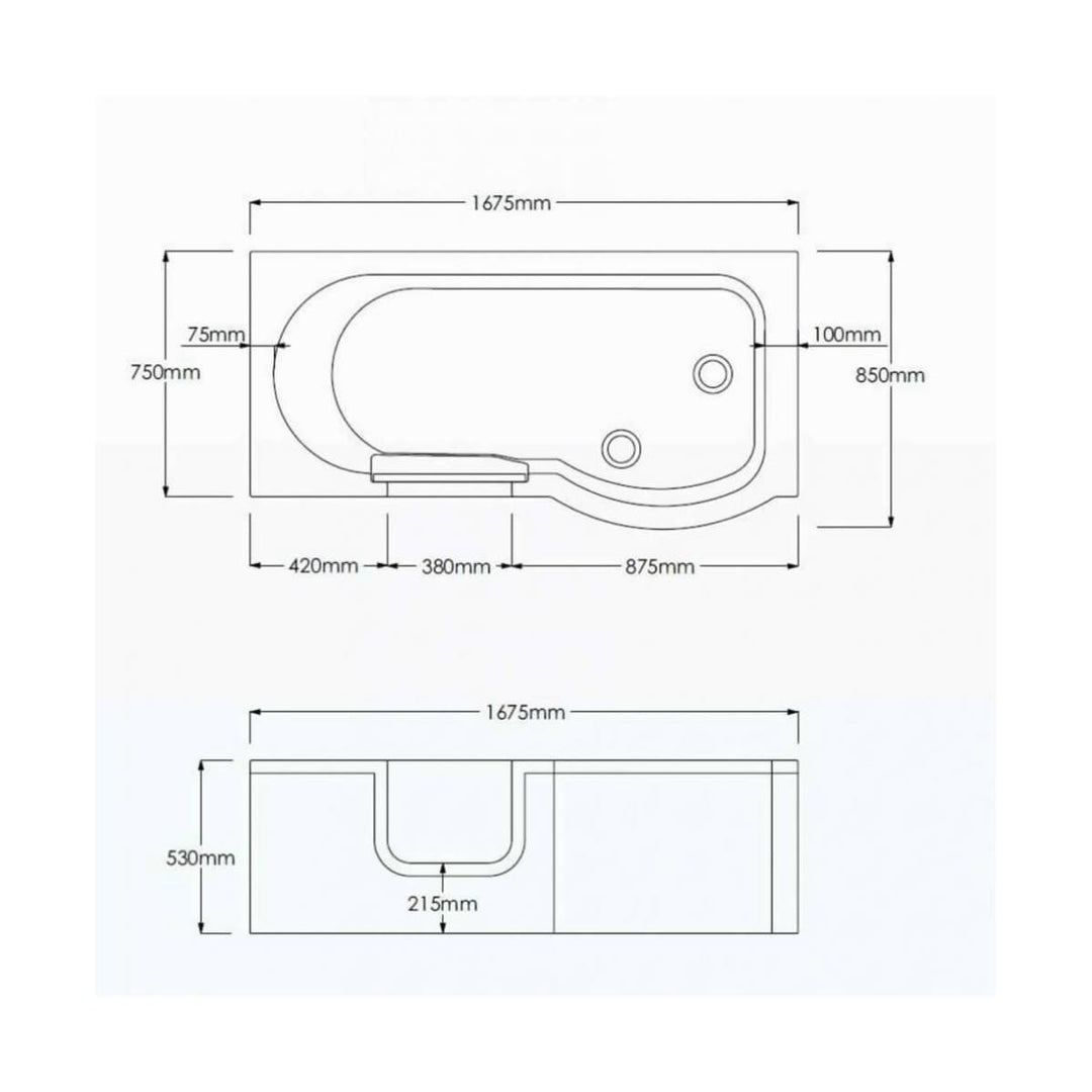 Bathe Easy Concert Easy Access 1675mm P-Shape Shower Bath, Screen &amp; Panels - Right Hand
