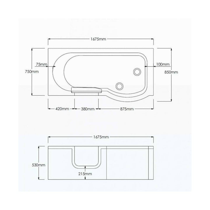Bathe Easy Concert Easy Access 1675mm P-Shape Shower Bath, Screen &amp; Panels - Right Hand
