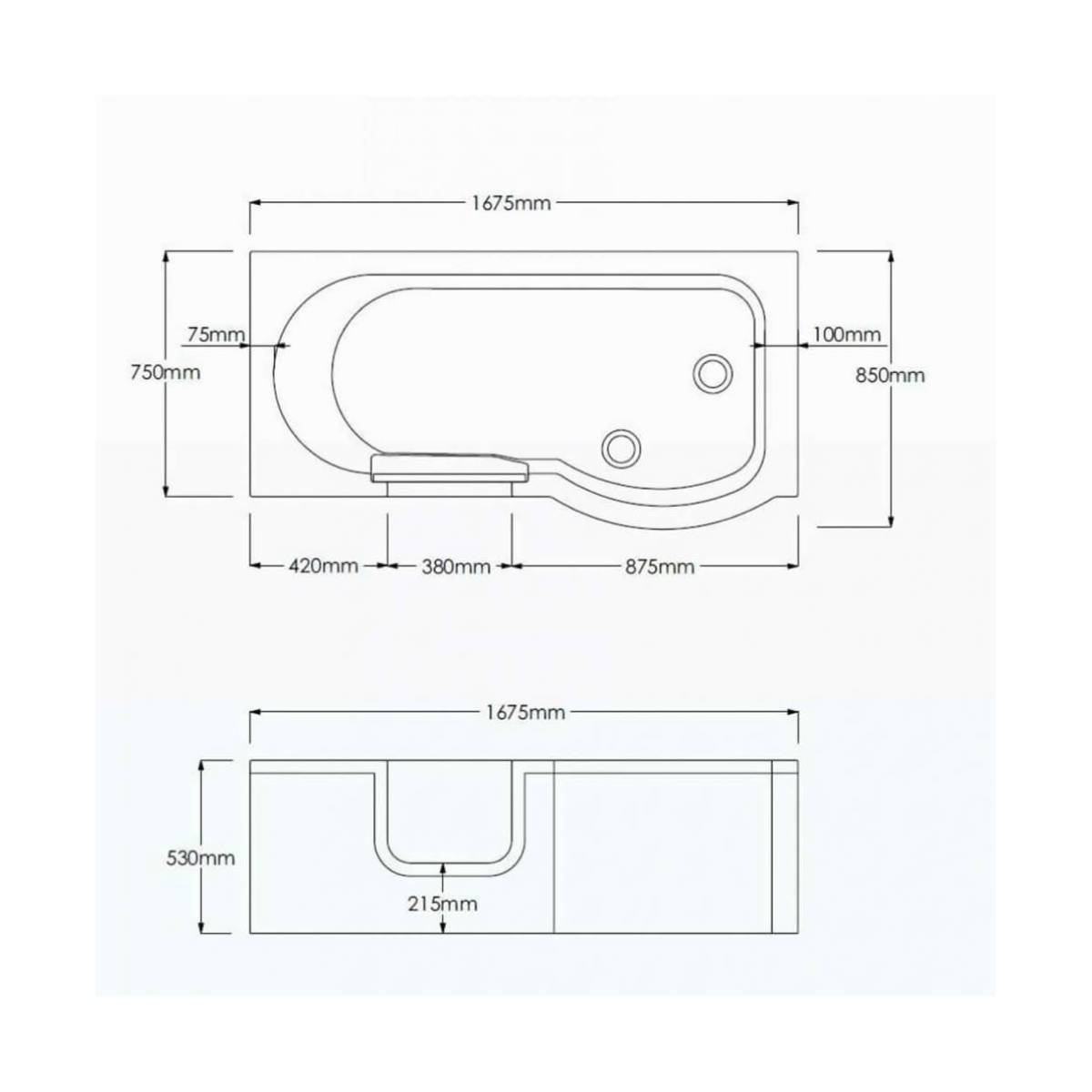Bathe Easy Concert Easy Access 1675mm P-Shape Shower Bath, Screen & Panels - Left Hand - Technical drawing