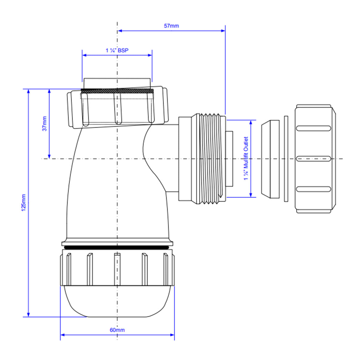 McAlpine 1.25" Shallow Bottle Trap & Multi-Fit Outlet - Technical drawing