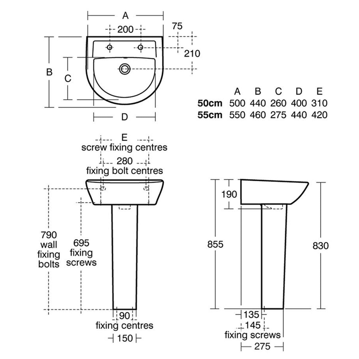 Armitage Shanks Sandringham 550mm 2 Taphole Basin & Full Pedestal - Technical drawing