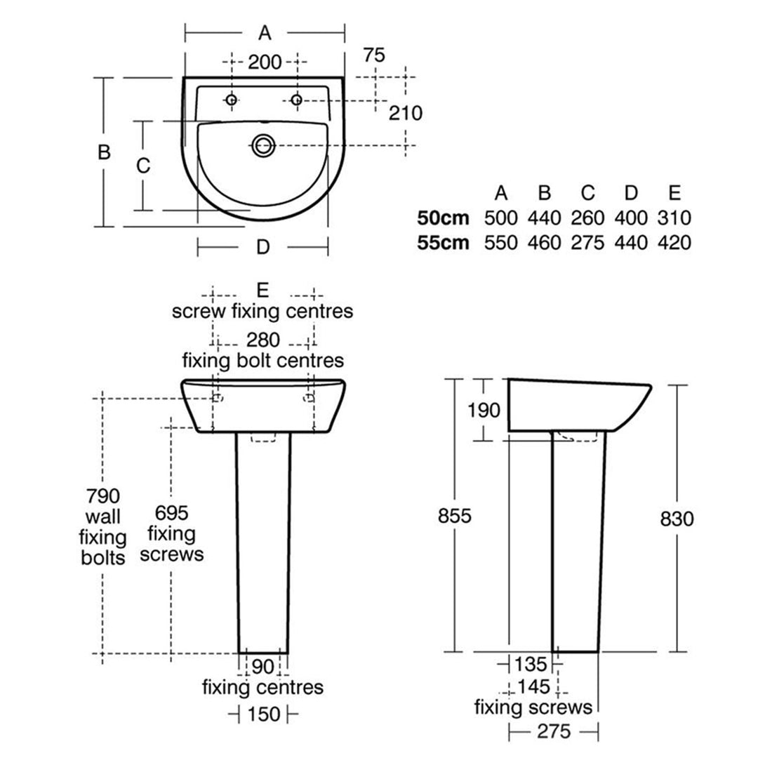 Armitage Shanks Sandringham 550mm 2 Taphole Basin &amp; Full Pedestal