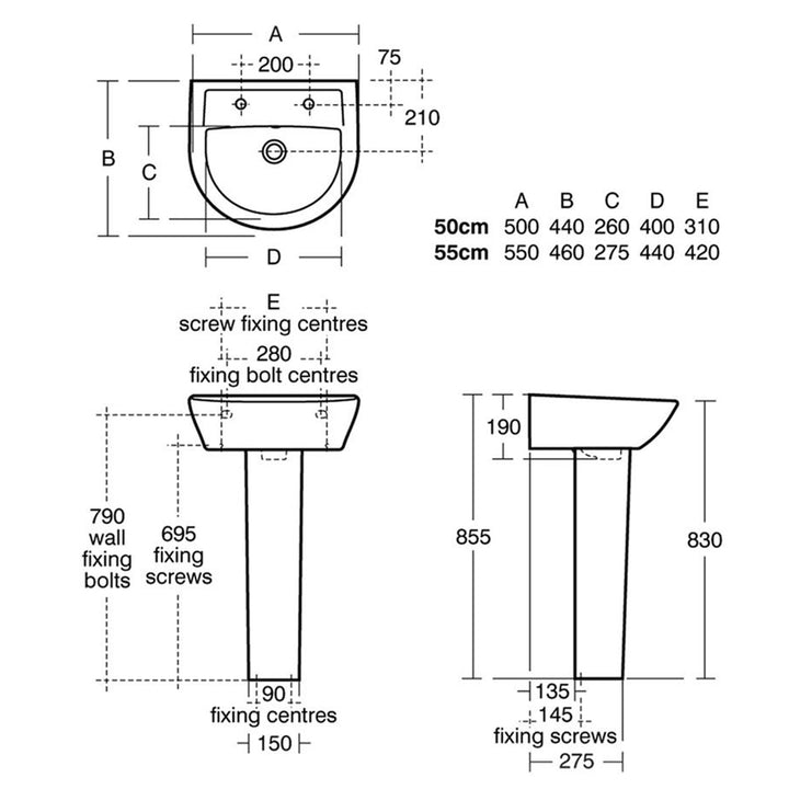 Armitage Shanks Sandringham 550mm 2 Taphole Basin &amp; Full Pedestal