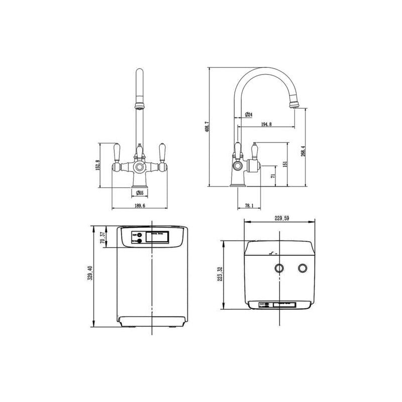 Traditional Cruciform 3-in1 Hot Water Kitchen Tap inc Boiler and Filter - Gold Finish - Technical drawing