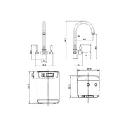 Traditional Cruciform 3-in1 Hot Water Kitchen Tap inc Boiler and Filter - Gold Finish - Technical drawing