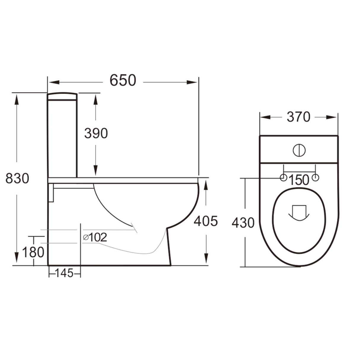 Enzo Close Coupled Fully Back to Wall Toilet Cyclone Flush & Soft Close Seat - Technical drawing
