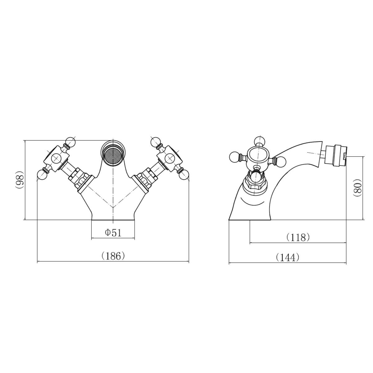 Eliseo Ricci Balmoral Crosshead Bidet Mixer - Technical drawing