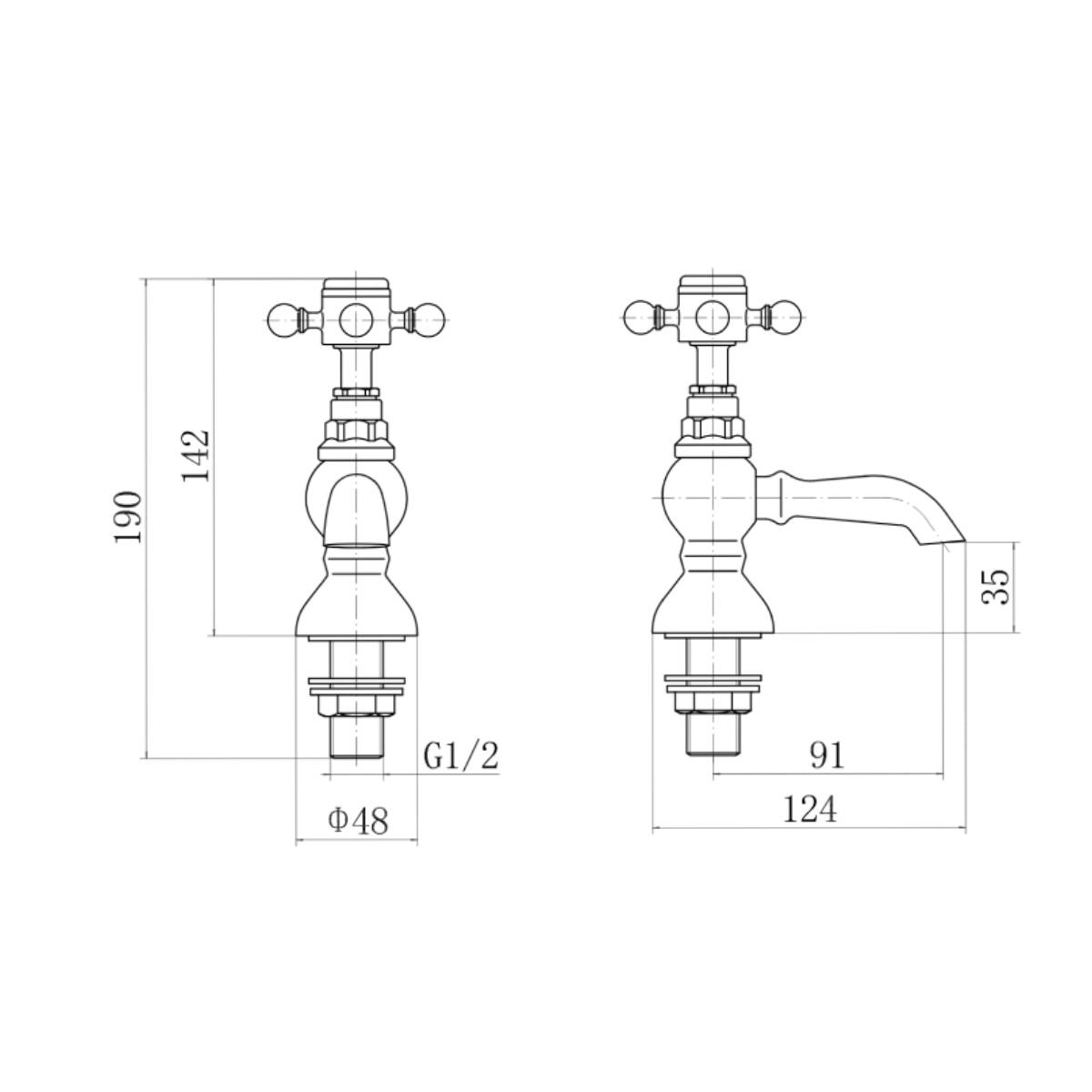 Eliseo Ricci Traditional English Balmoral Basin Pillar Taps - Technical drawing