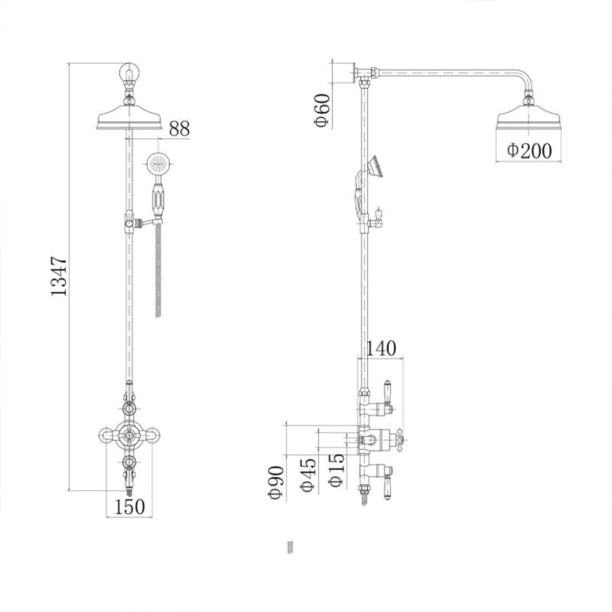 Eliseo Ricci Balmoral Thermostatic Rain Shower with Diverter - Technical drawing