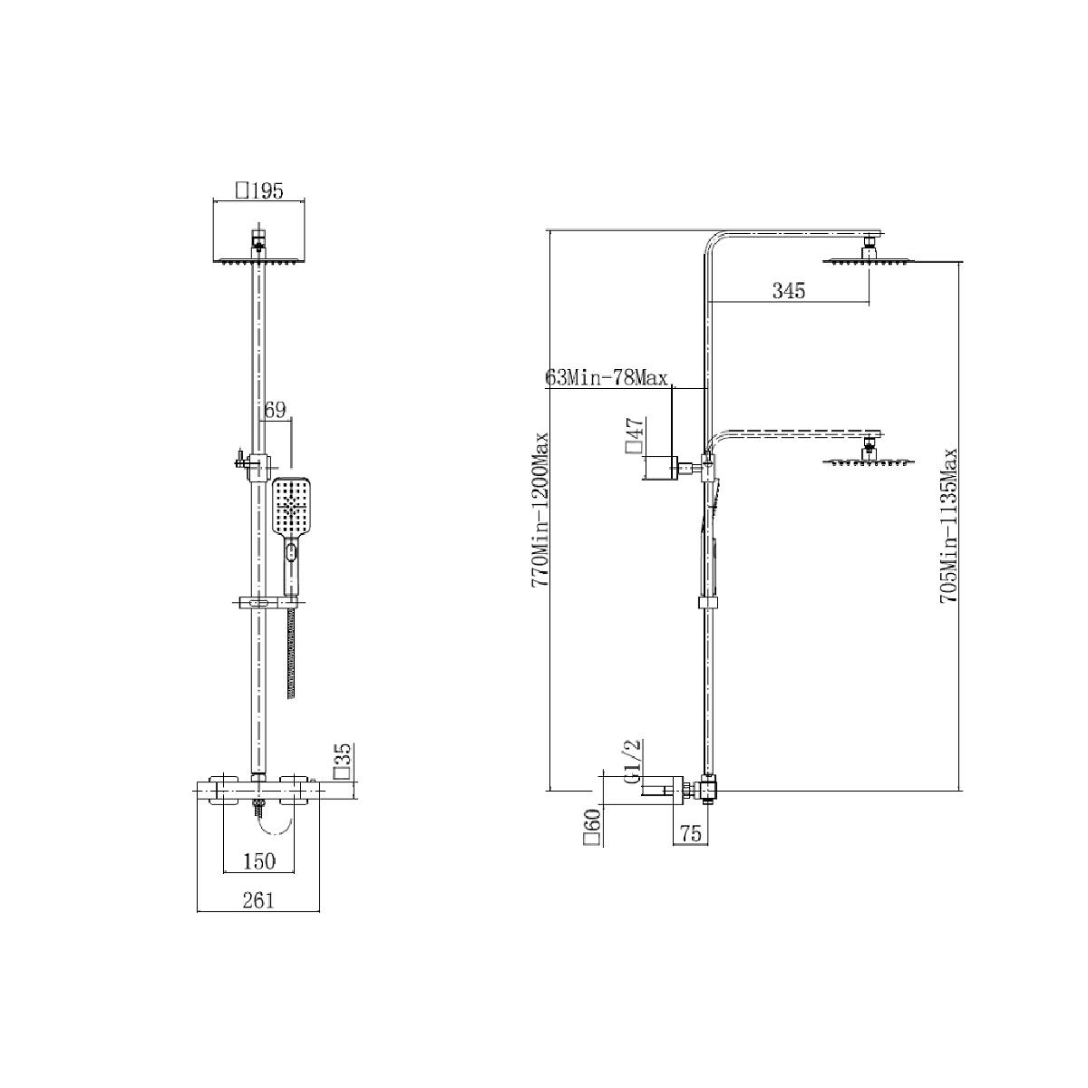 Kiimat Complete 900mm Walk In Shower Bundle with Chrome Shower - Technical drawing