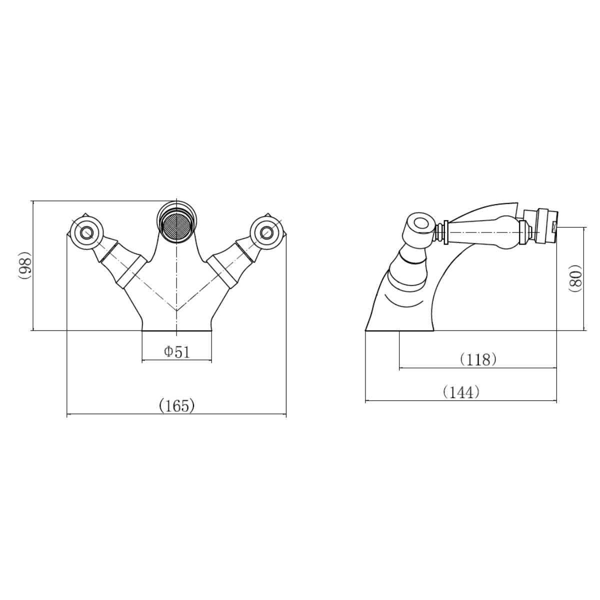 Eliseo Ricci Newbury Bidet Mixer with White Handles - Technical drawing