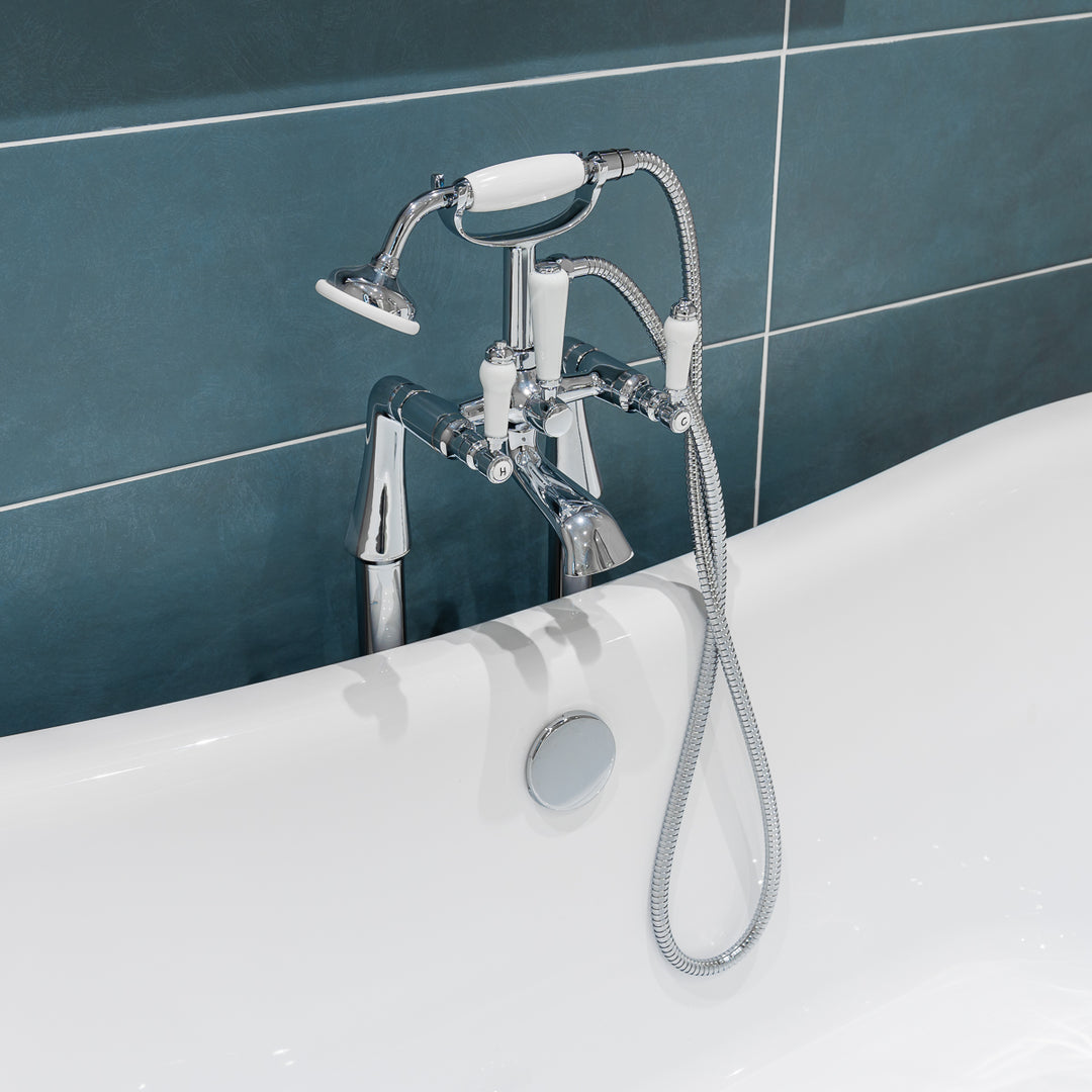 Eliseo Ricci Newbury Floor Standing Bath Shower Mixer - White Handles