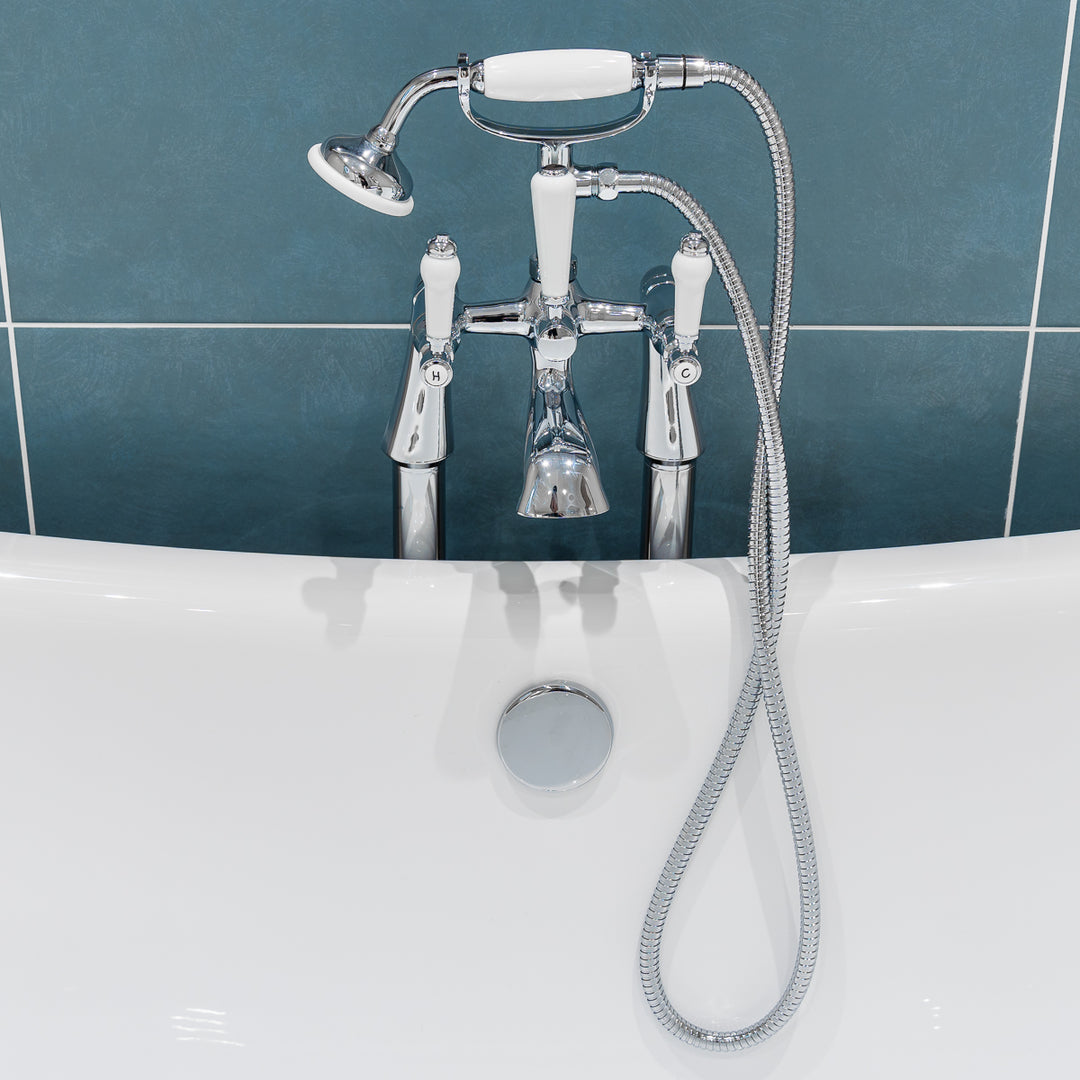 Eliseo Ricci Newbury Floor Standing Bath Shower Mixer - White Handles