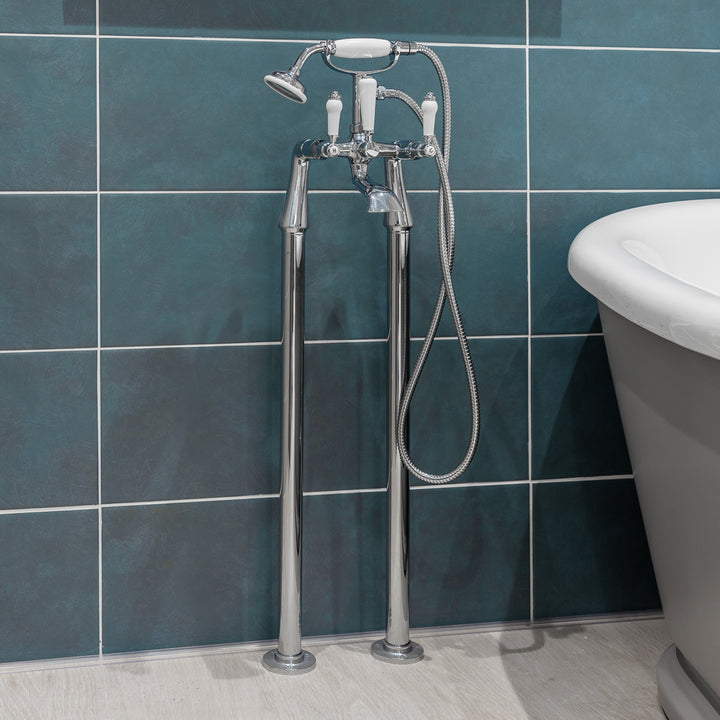 Eliseo Ricci Newbury Floor Standing Bath Shower Mixer - White Handles