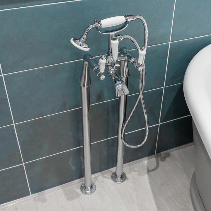 Eliseo Ricci Newbury Floor Standing Bath Shower Mixer - White Handles