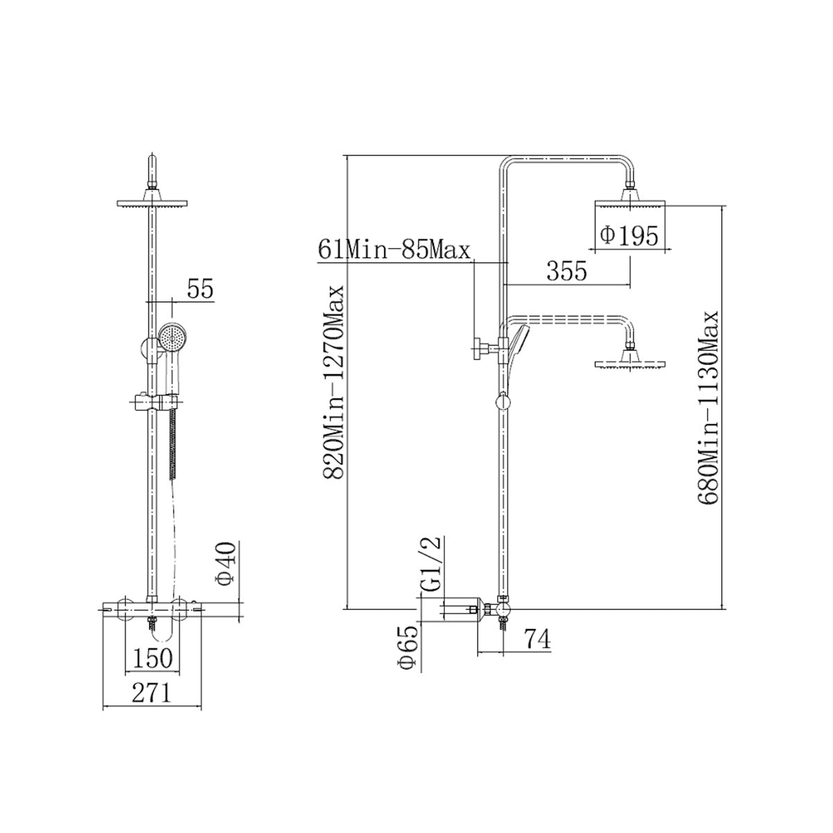 Eliseo Ricci Pro Round Thermostatic Rain Shower - Technical drawing