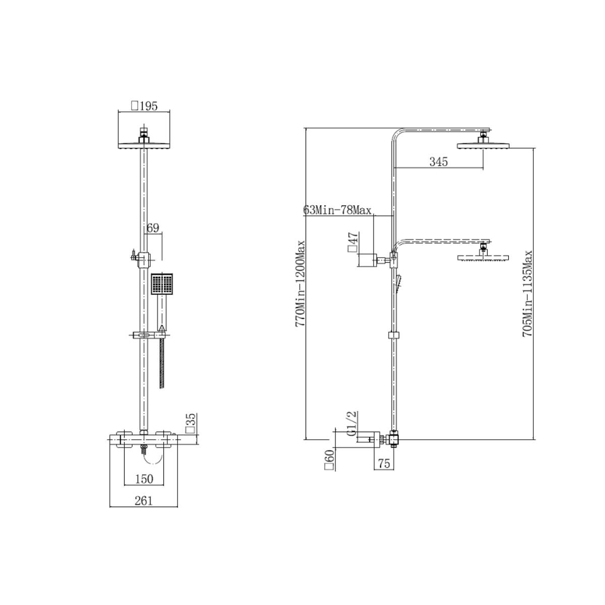 Eliseo Ricci Pro Square Thermostatic Rain Shower - Technical drawing