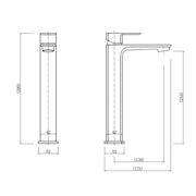 Baltimore 600mm Wall Hung Vanity Unit, Worktop, Basin & Black Tap - Graphite Oak - Technical drawing