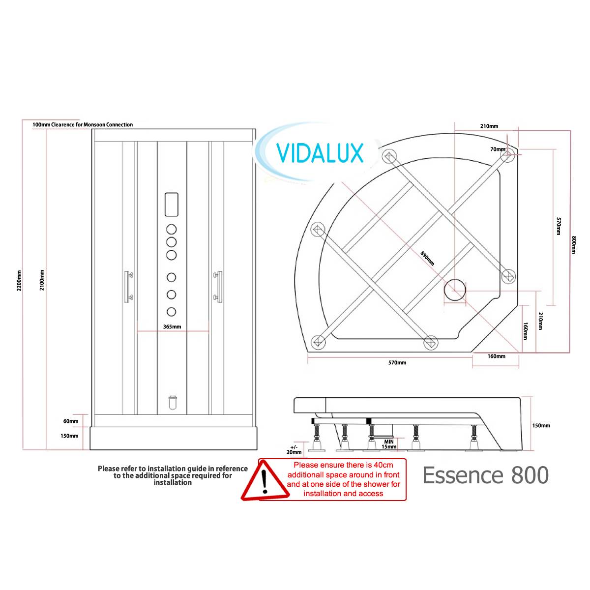 Vidalux Essence 800mm Steam Shower Enclosure - White - Technical drawing