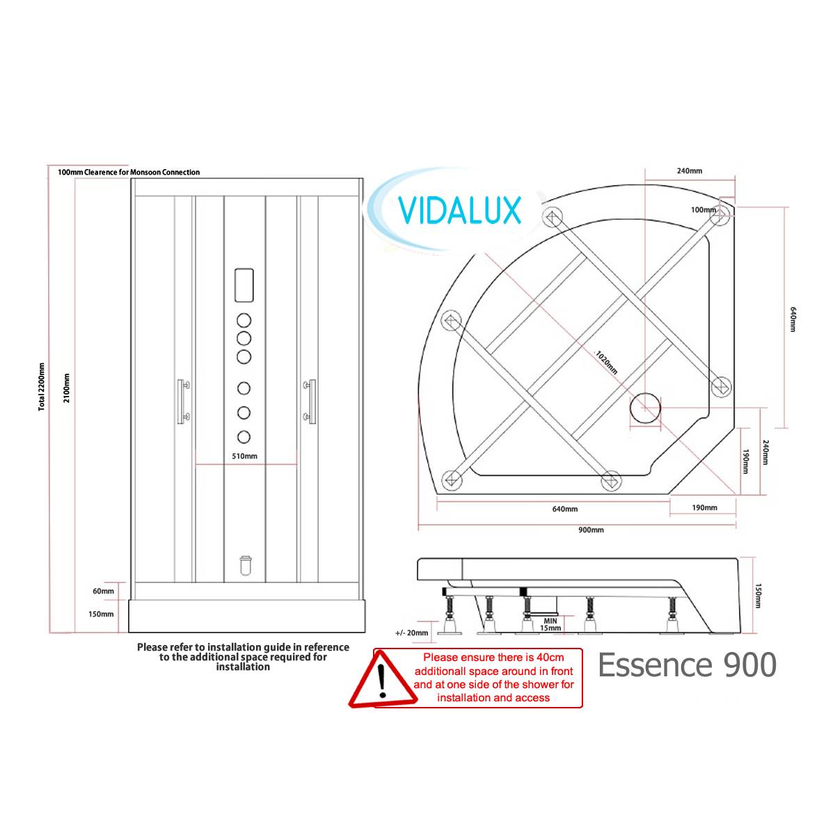Vidalux Essence 900mm Steam Shower Enclosure - Black - Technical drawing
