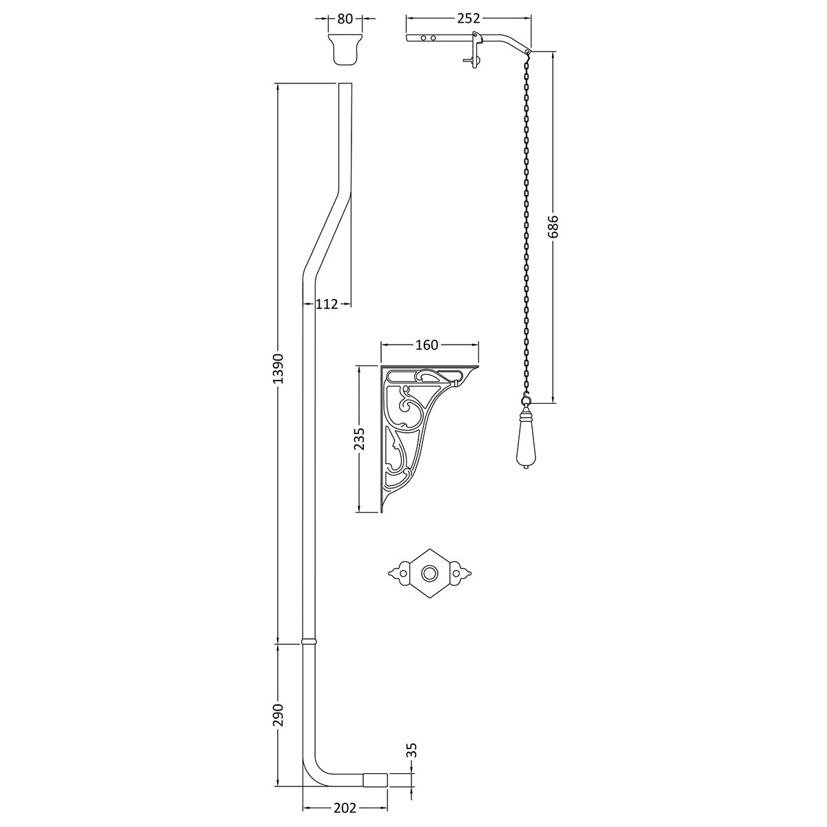 Nuie High Level Flush Pipe Pack - Chrome - Technical drawing
