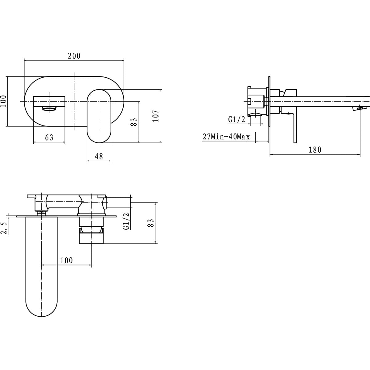 Eliseo Ricci Neo Wall Mounted Bath Filler - Technical drawing