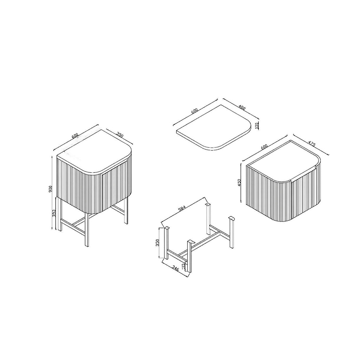 Flauto 600mm Reed Green Vanity Unit with Countertop and Brushed Brass Frame - Technical drawing