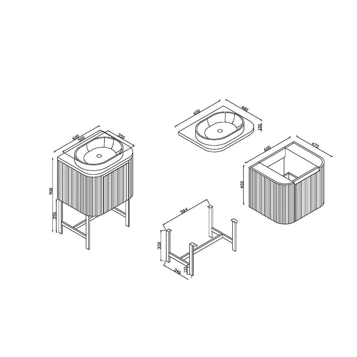 Flauto 600mm Matt Black Vanity Unit with Basin and Brushed Brass Frame - Technical drawing