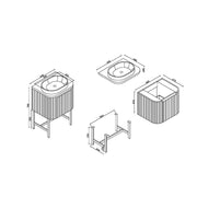 Flauto 600mm Matt Black Vanity Unit with Basin and Brushed Brass Frame - Technical drawing
