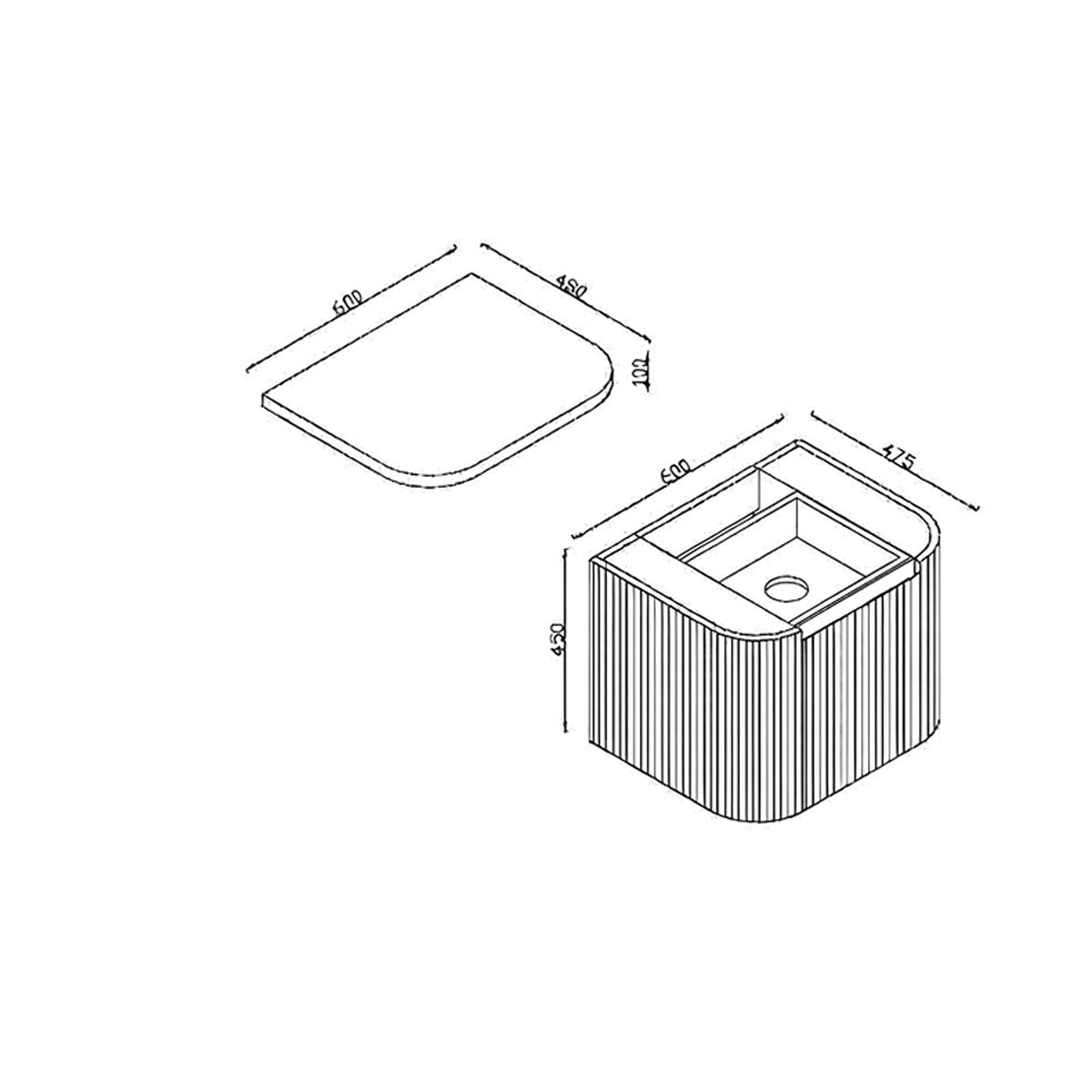 Flauto 600mm Reed Green Vanity Unit with Countertop - Technical drawing