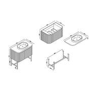 Flauto 900mm Matt Black Vanity Unit with Basin and Brushed Brass Frame - Technical drawing