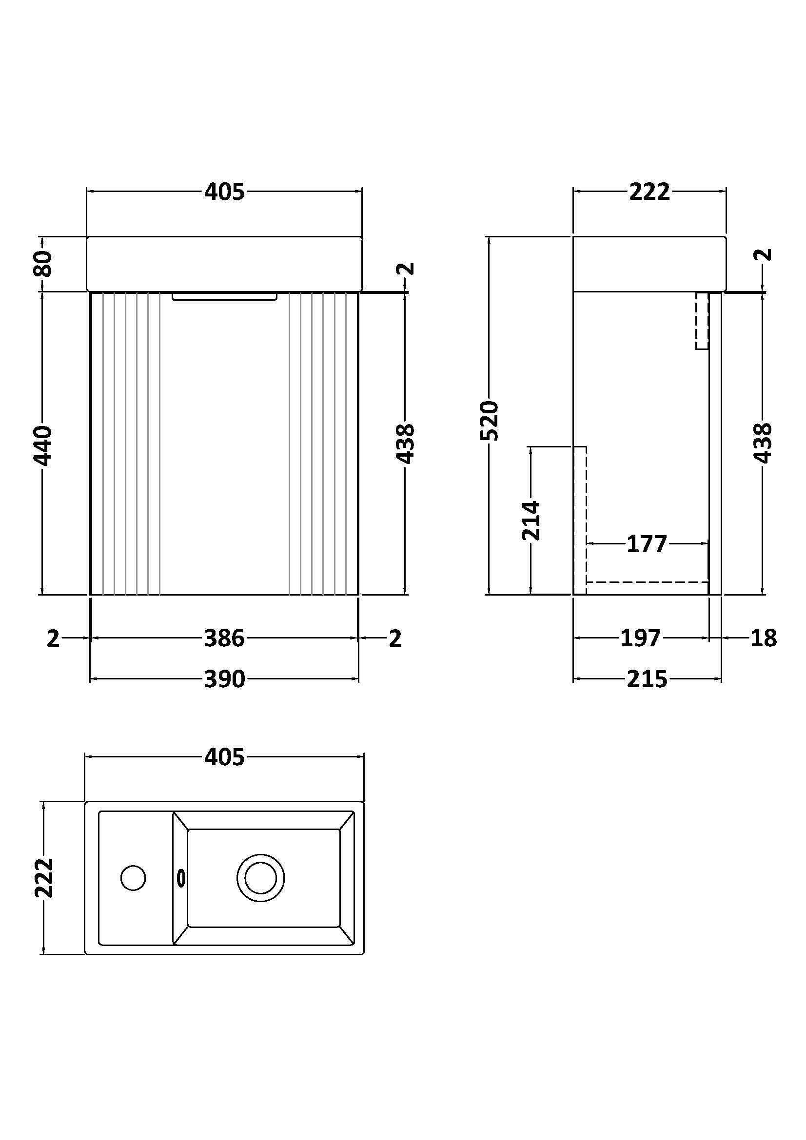 Nuie 400mm Satin Blue Wall Hung Cabinet & Basin - Technical drawing