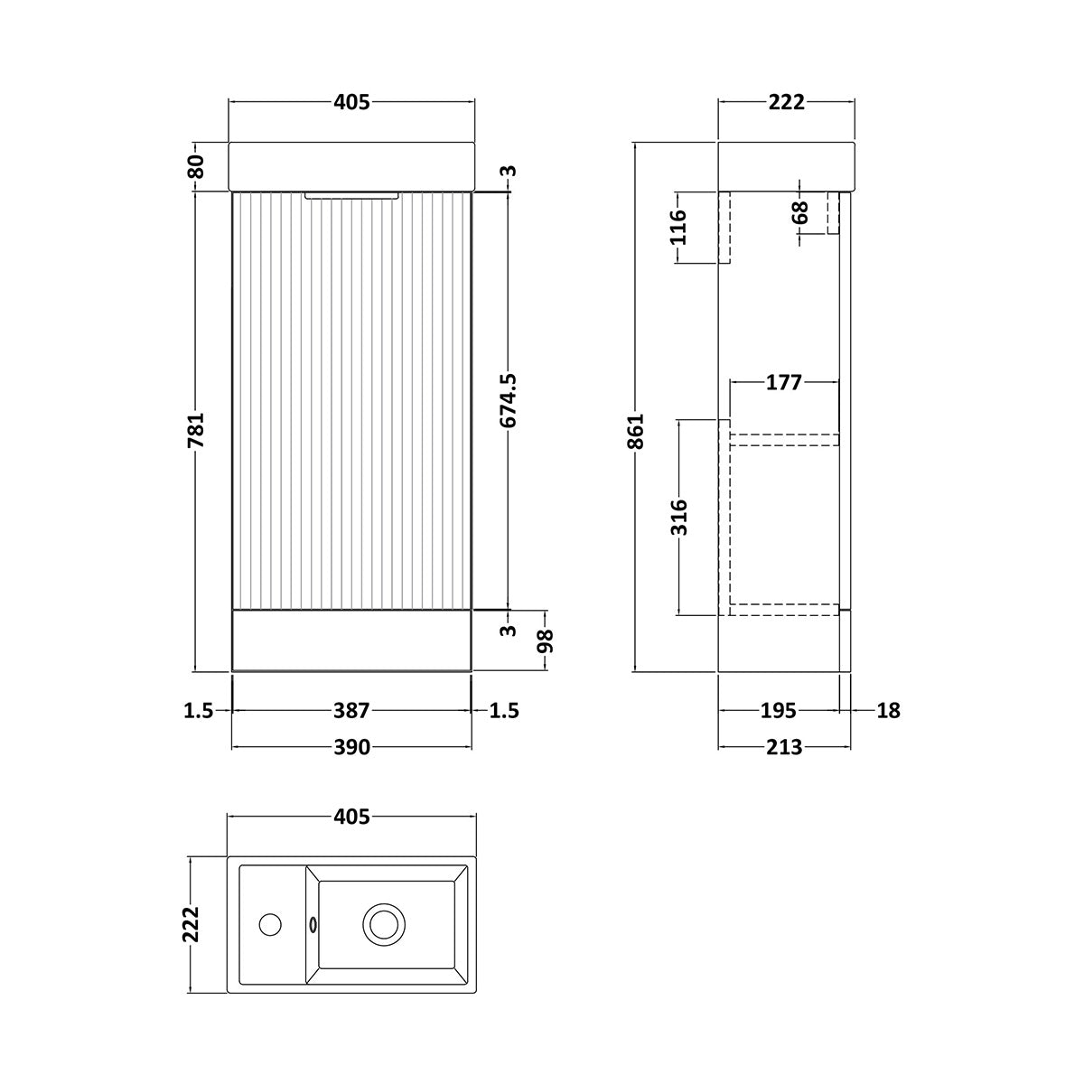 Hudson Reed Fluted 400mm Floor Standing Vanity Unit & Basin - Satin Blue - Technical drawing