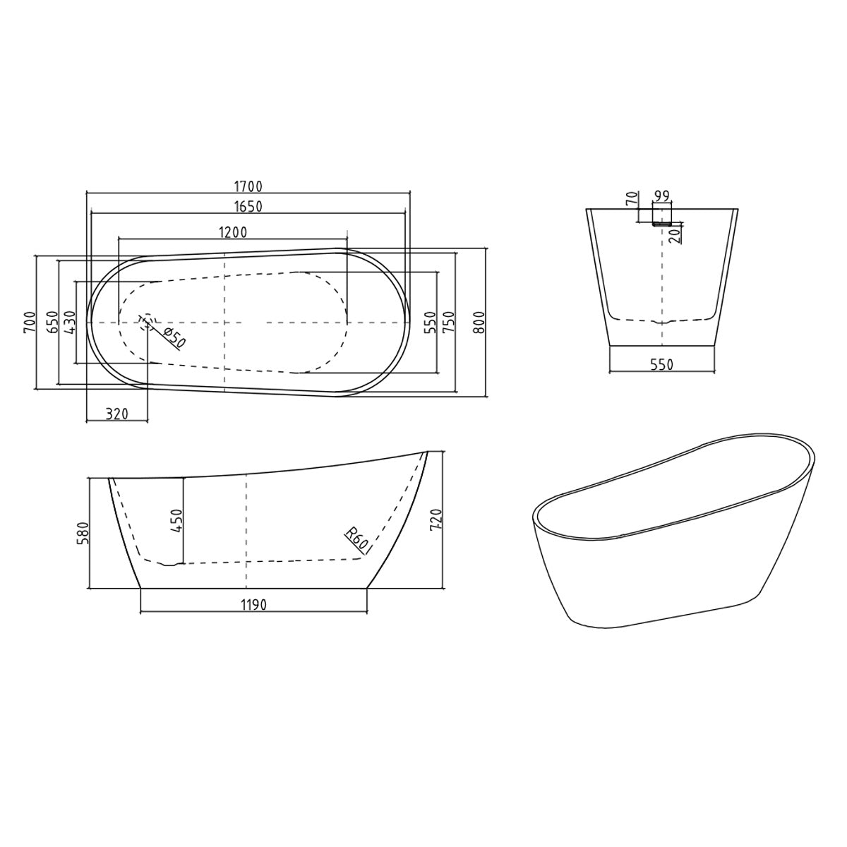 Viktor Benson Cali Modern Freestanding Slipper Bath - Technical drawing