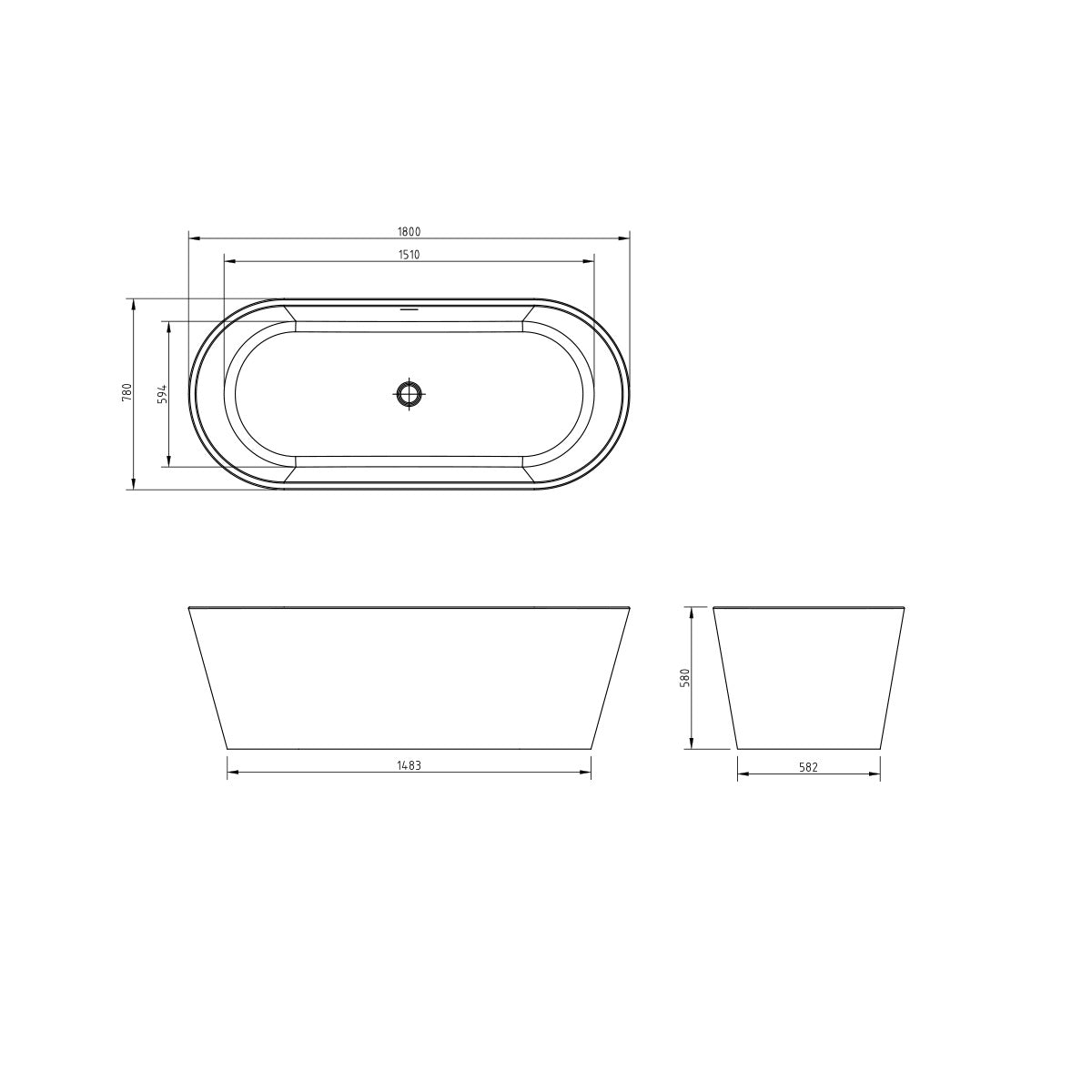 Viktor Benson Cancun 1800mm Freestanding Double Ended Bath - Technical drawing