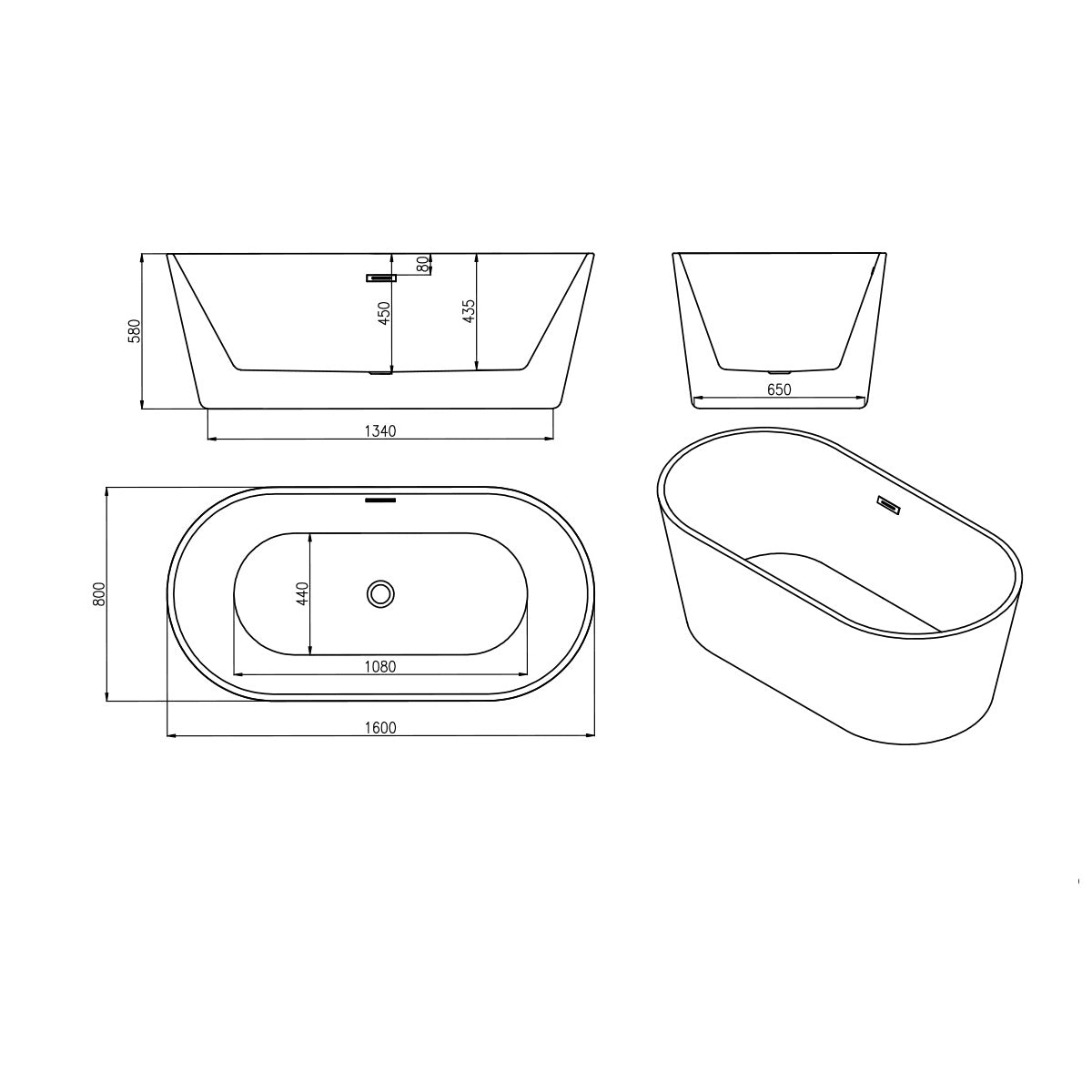 Viktor Benson Cancun 1600mm Freestanding Double Ended Bath - Technical drawing