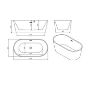 Viktor Benson Cancun 1600mm Freestanding Double Ended Bath - Technical drawing