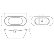 Viktor Benson Taha 1700 x 730mm Freestanding Bath - Matt White - Technical drawing