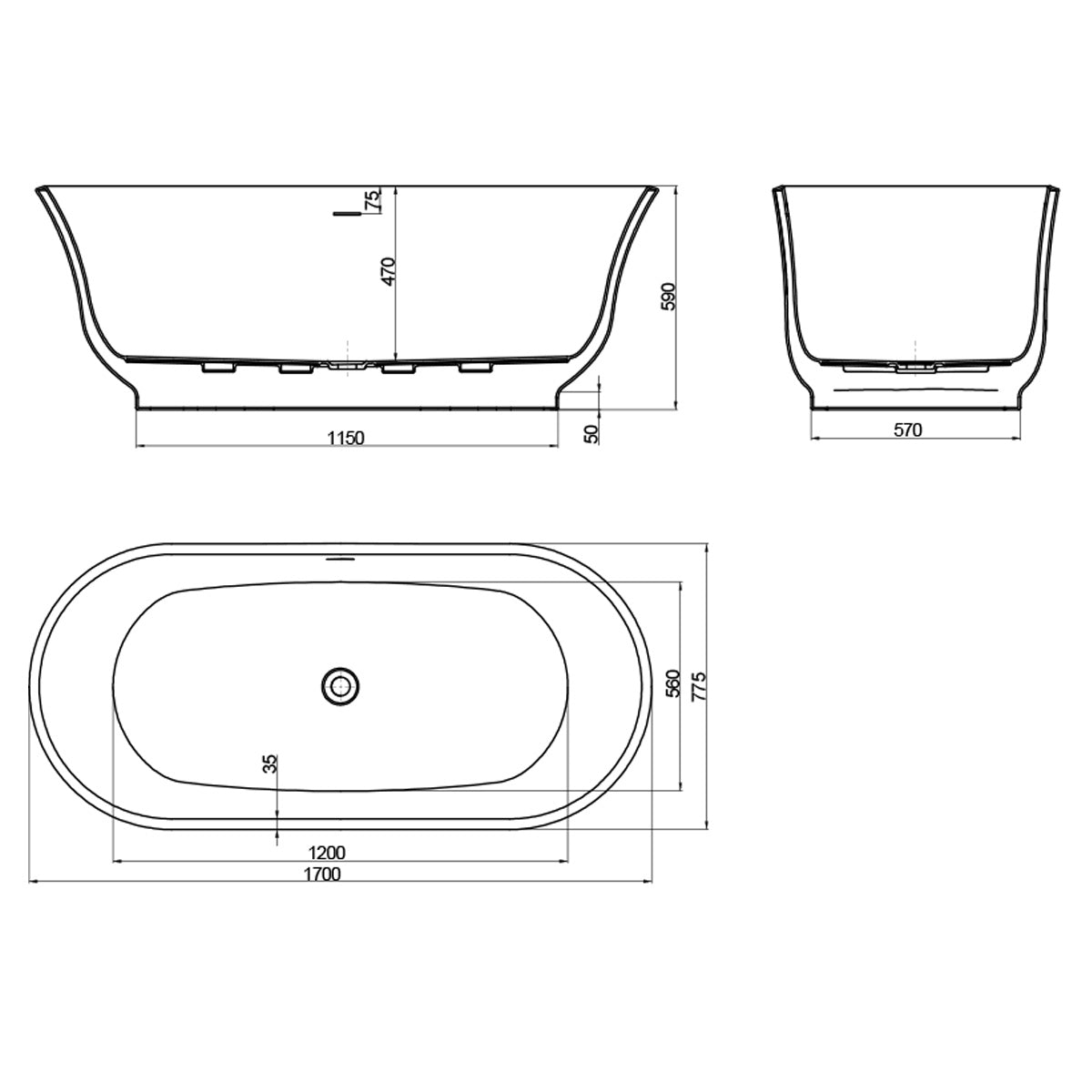 Viktor Benson Valetta 1700 x 780mm Freestanding Bath - Technical drawing