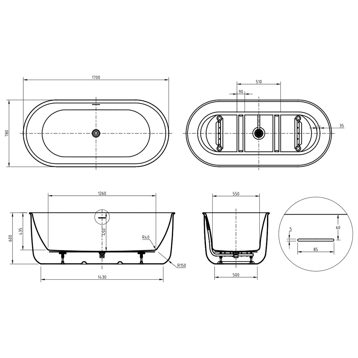 Viktor Benson Benita 1700 x 780mm Freestanding Bath - Technical drawing