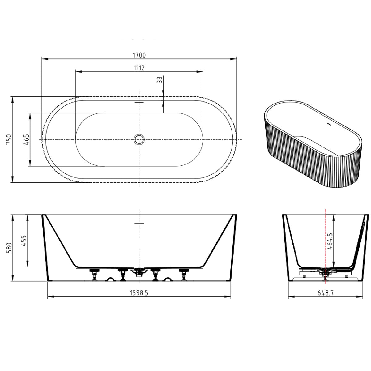 Viktor Benson Corina Fluted 1700 x 750mm Freestanding Bath - Technical drawing