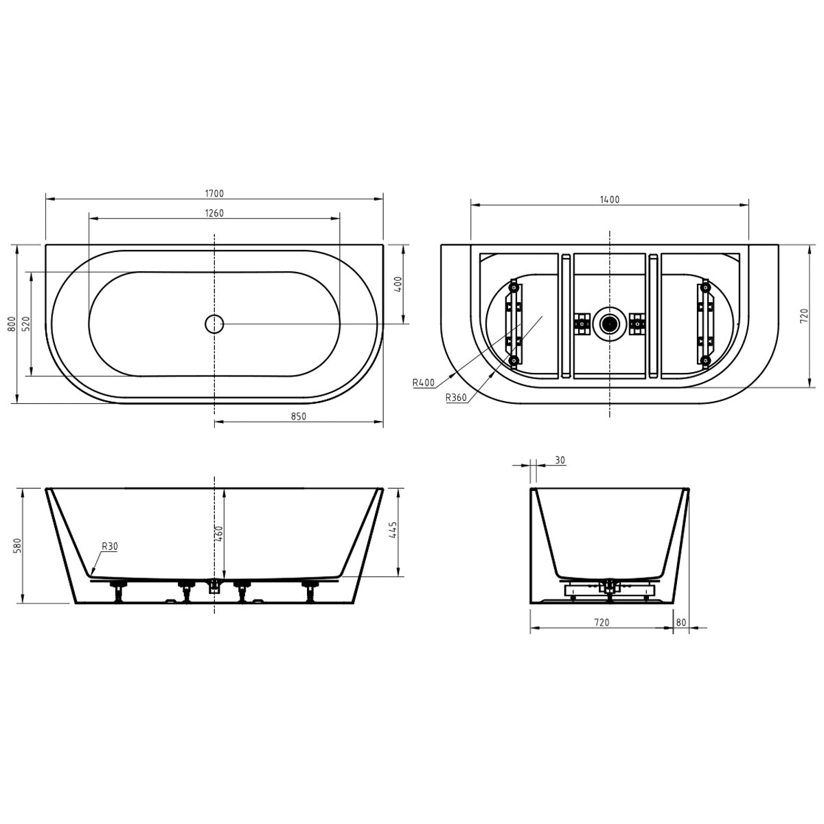 Viktor Benson Delia D Shape Back to Wall 1700 x 800mm Freestanding Bath - Technical drawing