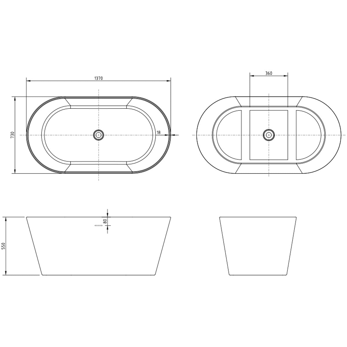 Viktor Benson Alba 1370 x 730mm Freestanding Bath - Technical drawing