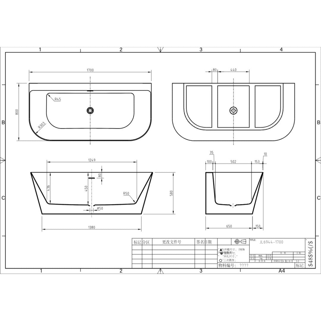 Viktor Benson Athens 1700 x 800 Back to Wall Freestanding Bath - Slim Overflow &amp; White Waste