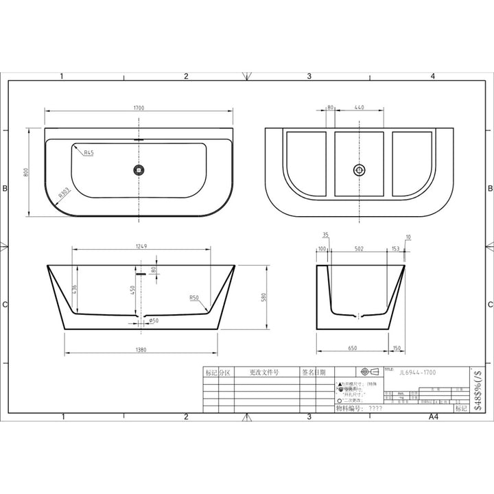 Viktor Benson Athens 1700 x 800 Back to Wall Freestanding Bath - Slim Overflow &amp; White Waste
