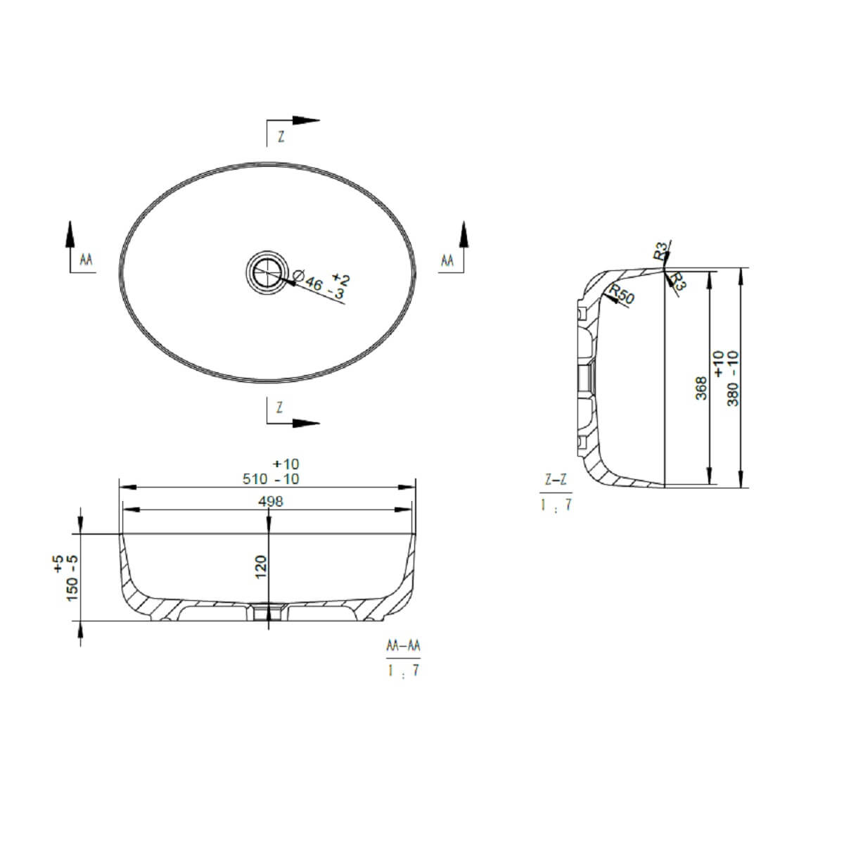 Objekt Ceramica Garda 510mm Counter Top Basin - Technical drawing